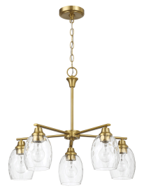 Elegance Five Lights Linear Arms with Golden Brass Finish Chain Chandelier 24"W Ã— 8.5"H with Clear Water Glass