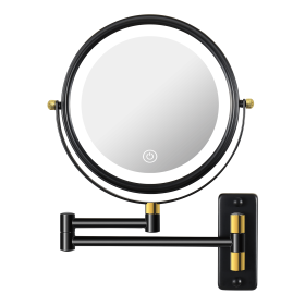 8.6" Wall Mounted Makeup Mirror with LED Lights, Double Sided 1X/10X Magnifying Mirror, 360Â° Swivel Bathroom Vanity Mirror with Extension Arm (Color: Black + Gold)
